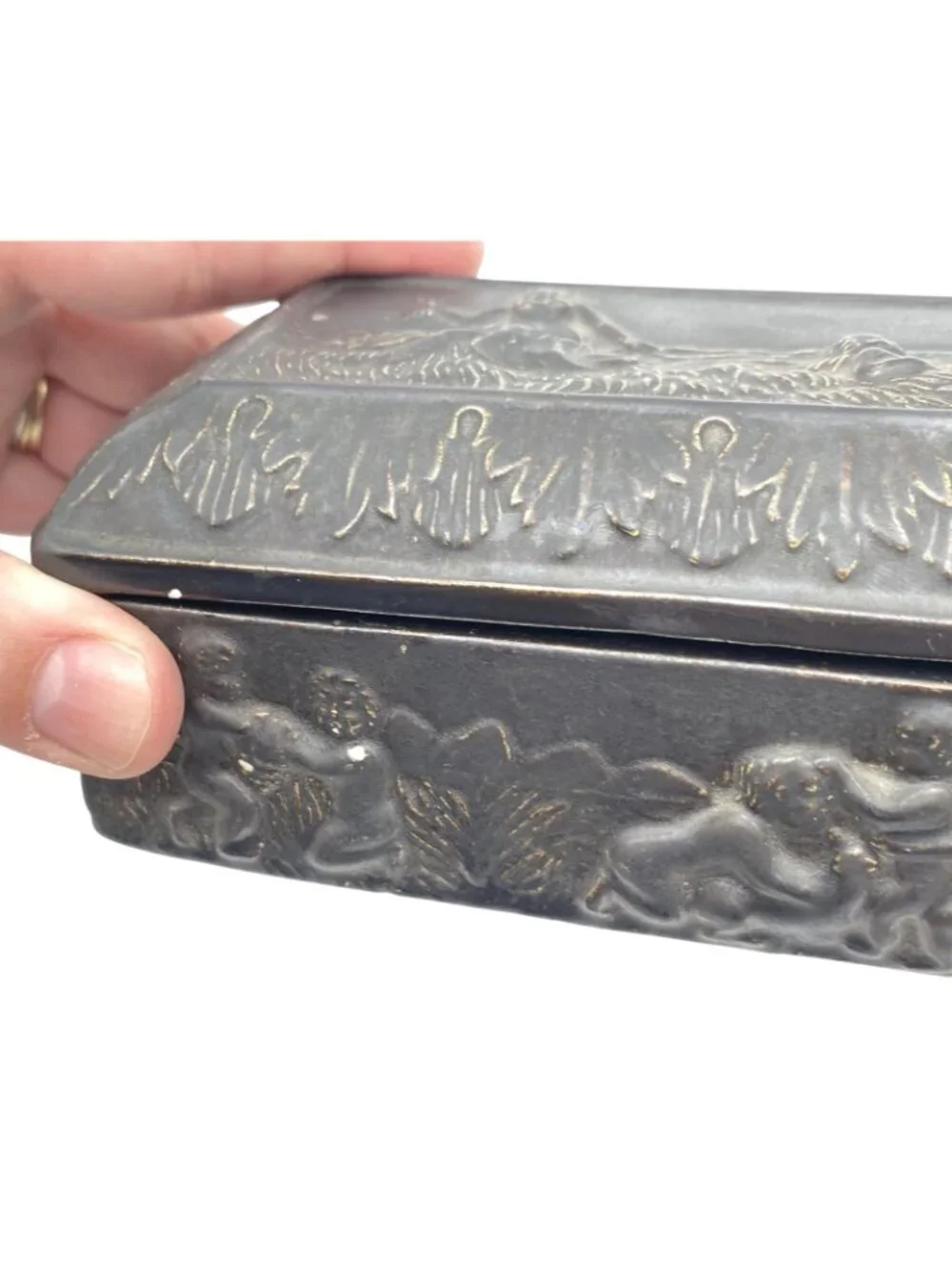 Vintage Classic Revival Relief Trinket Dresser Box Mythological Nymph Cherub